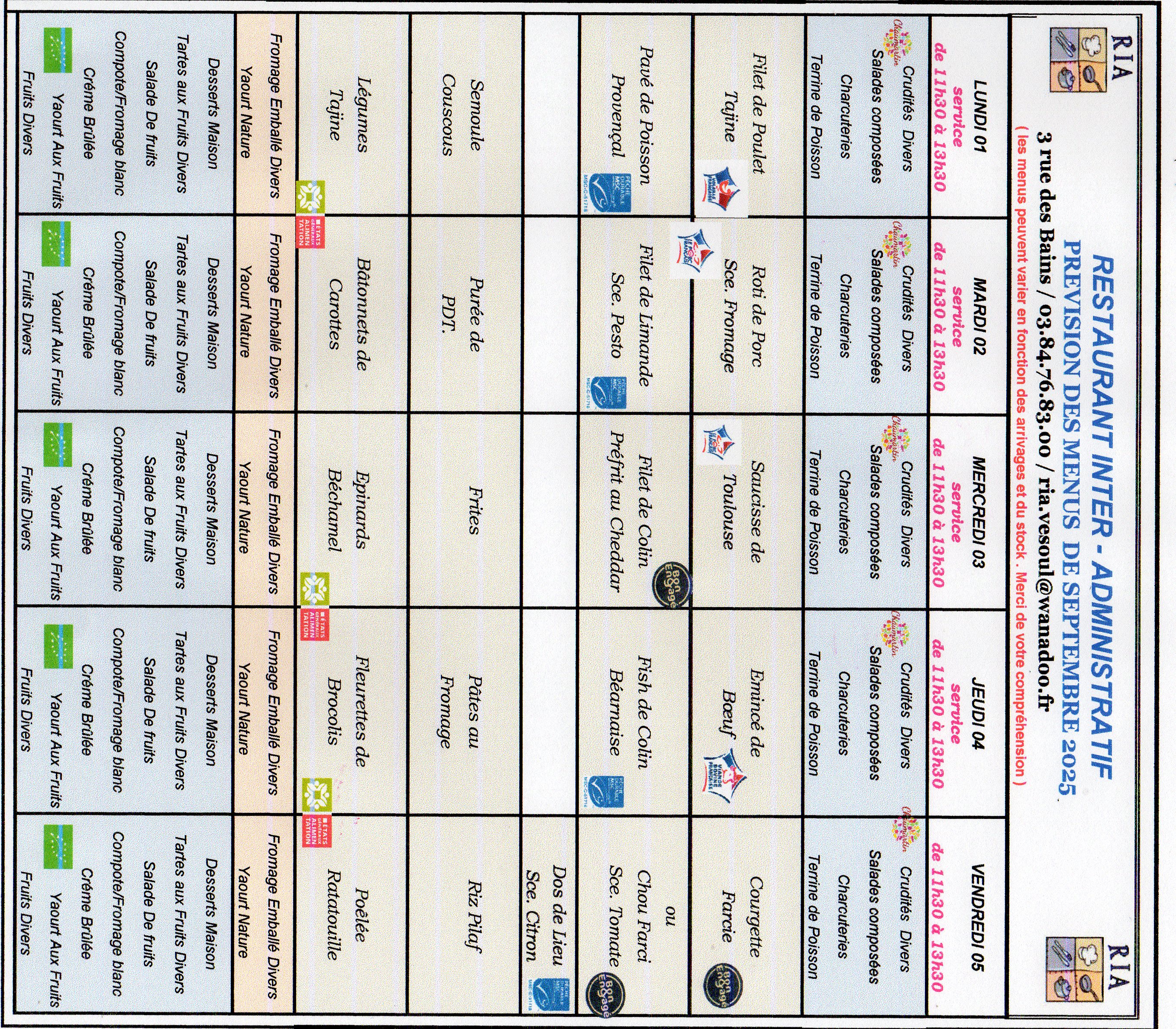 Menus de septembre 1